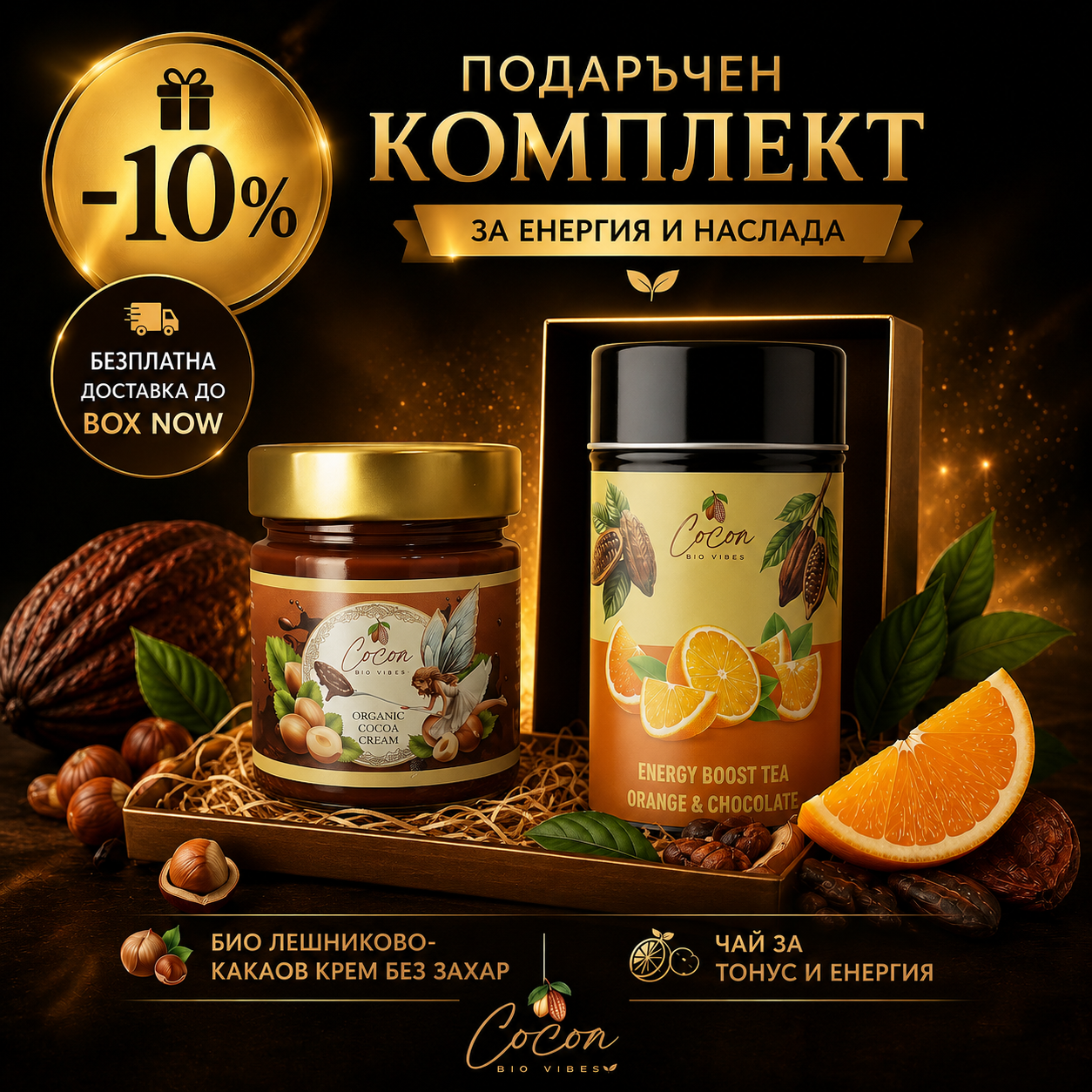 Комплект чай за тонус и енергия и  био лешниково-какаов крем
